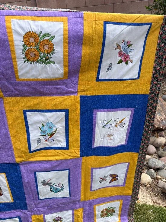 Vintage Hand Embroidered Quilt Throw Floral Butterfly Patchwork 47 x 45 - Picture 6 of 13